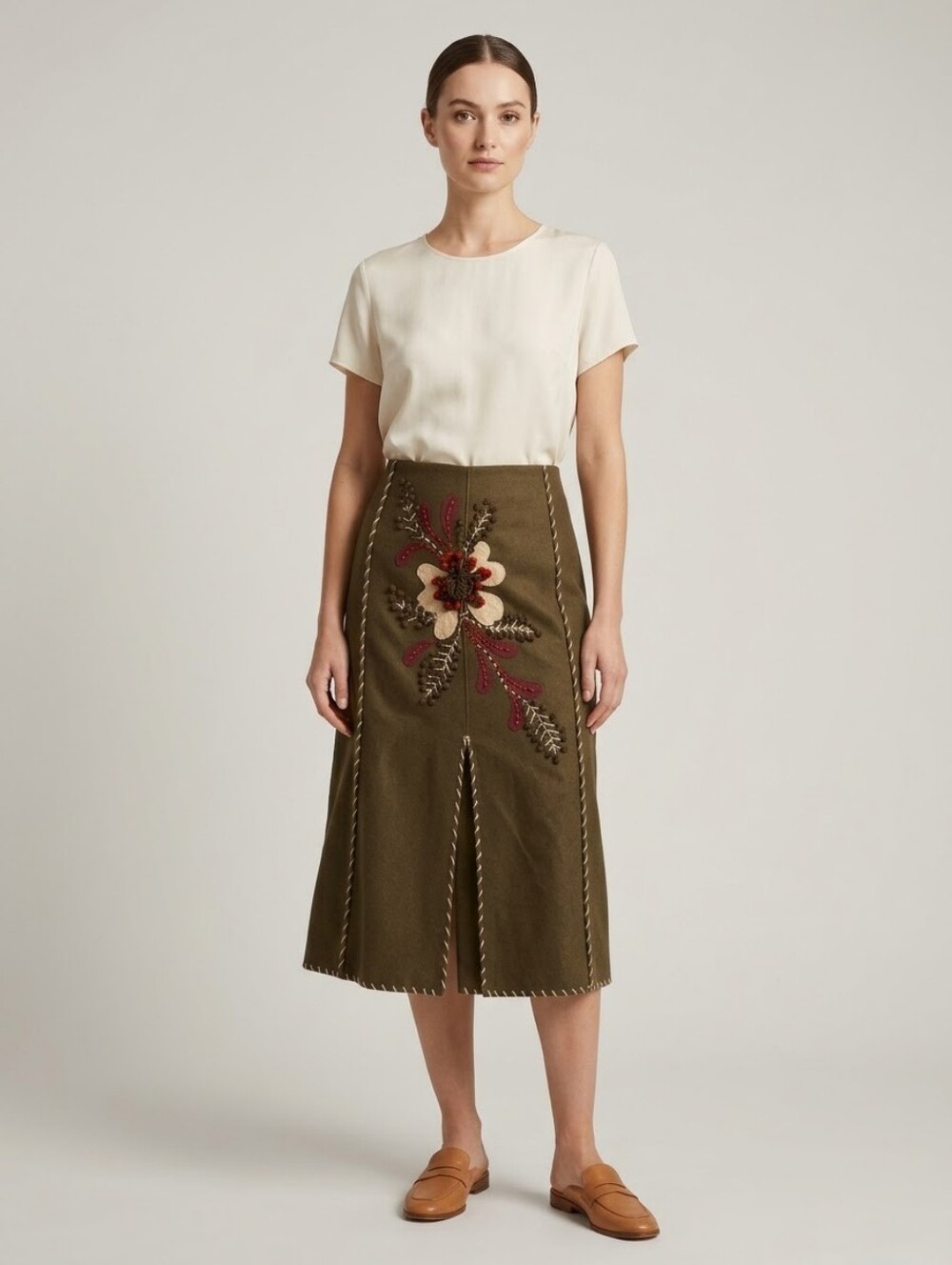 Tristan & Iseut Embroidered Olive Green A-Line Skirt with Floral Appliqué